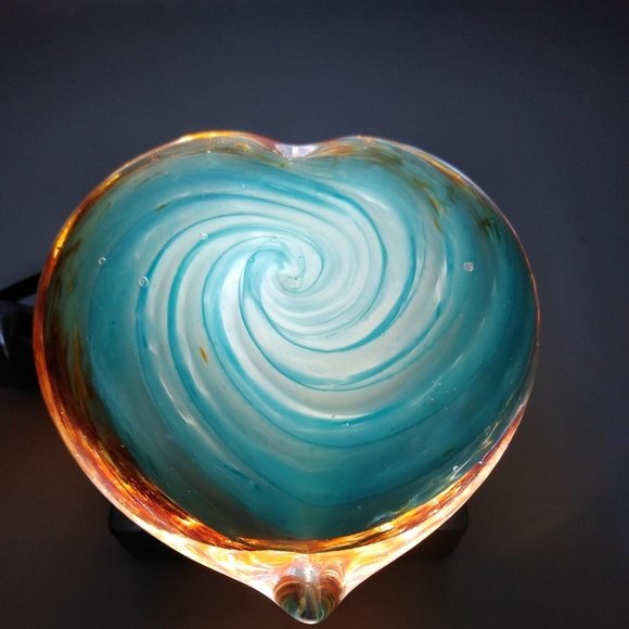 Hand Blown Glass Heart Paperweight Multi Color Swirl Glitter Spiral Center Heavy - Picture 8 of 11
